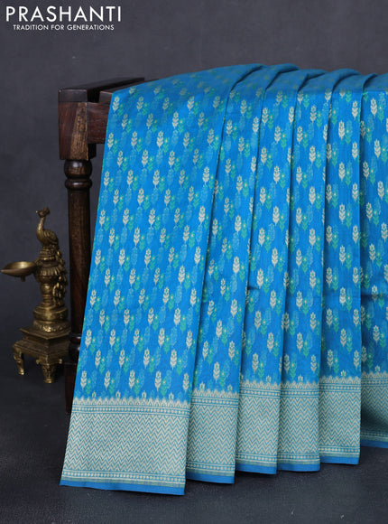 Banarasi silk cotton saree cs blue with allover zari woven buttas and temple zari woven border