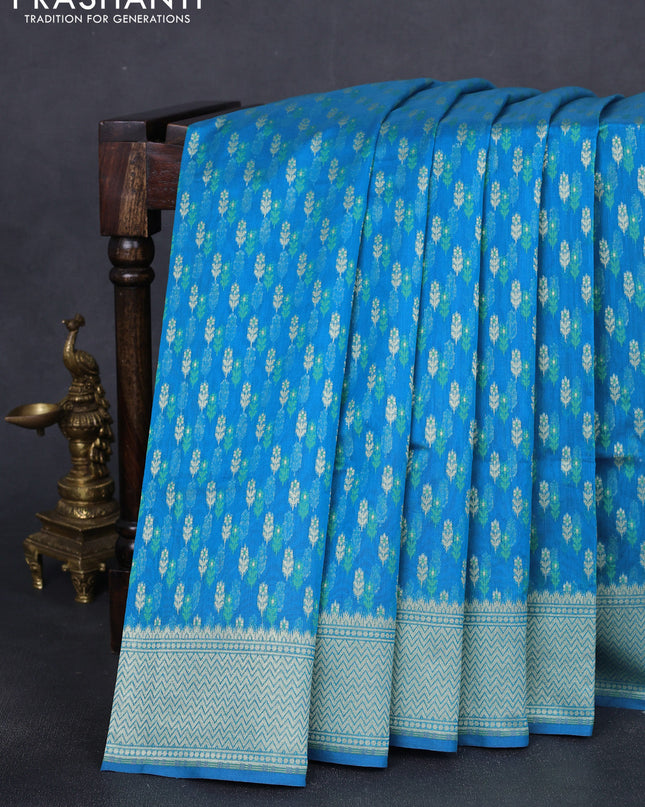 Banarasi silk cotton saree cs blue with allover zari woven buttas and temple zari woven border