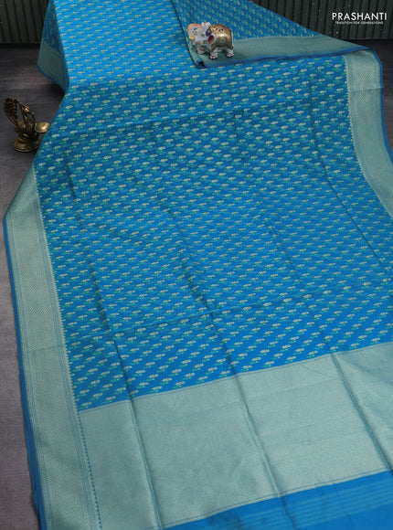 Banarasi silk cotton saree cs blue with allover zari woven buttas and temple zari woven border