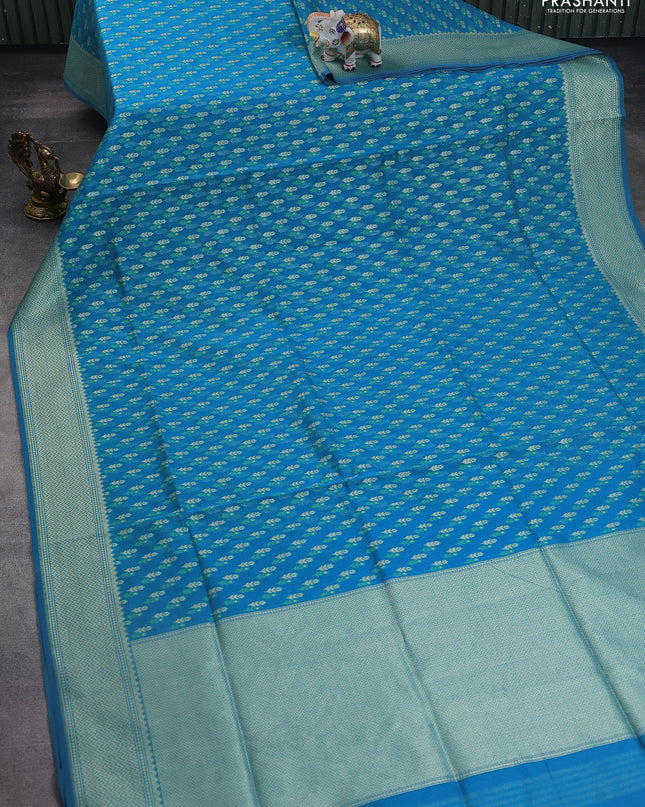 Banarasi silk cotton saree cs blue with allover zari woven buttas and temple zari woven border