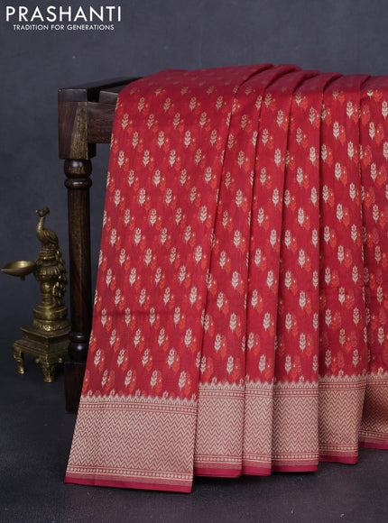 Banarasi silk cotton saree red with allover zari weaves and temple zari woven border