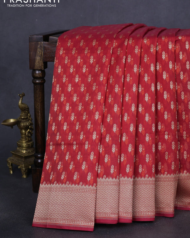 Banarasi silk cotton saree red with allover zari weaves and temple zari woven border