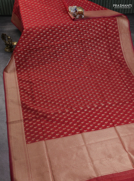 Banarasi silk cotton saree red with allover zari weaves and temple zari woven border
