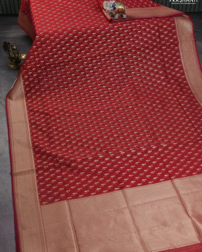 Banarasi silk cotton saree red with allover zari weaves and temple zari woven border