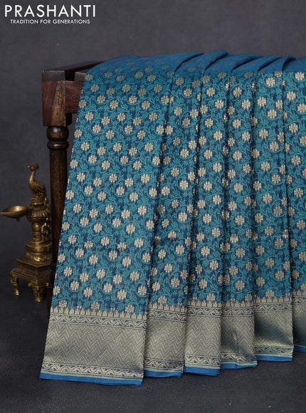 Banarasi silk cotton saree dual shade of bluish green with allover thread weaves & zari woven buttas and temple zari woven border