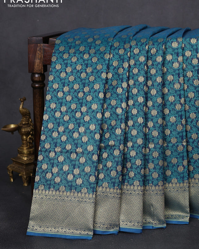 Banarasi silk cotton saree dual shade of bluish green with allover thread weaves & zari woven buttas and temple zari woven border