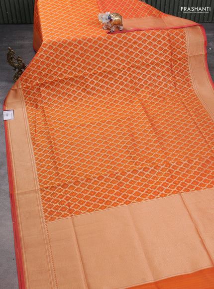 Banarasi silk cotton saree orange with allover zari weaves & thread woven buttas and temple zari woven border