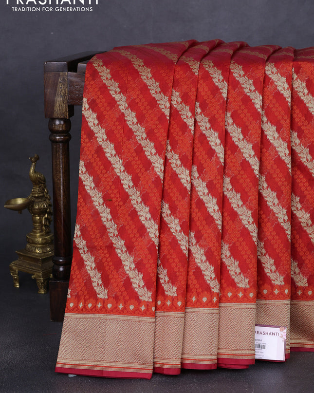 Banarasi silk cotton saree red with allover zari weaves and zari woven border