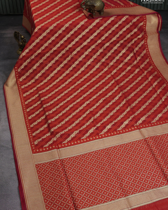 Banarasi silk cotton saree red with allover zari weaves and zari woven border