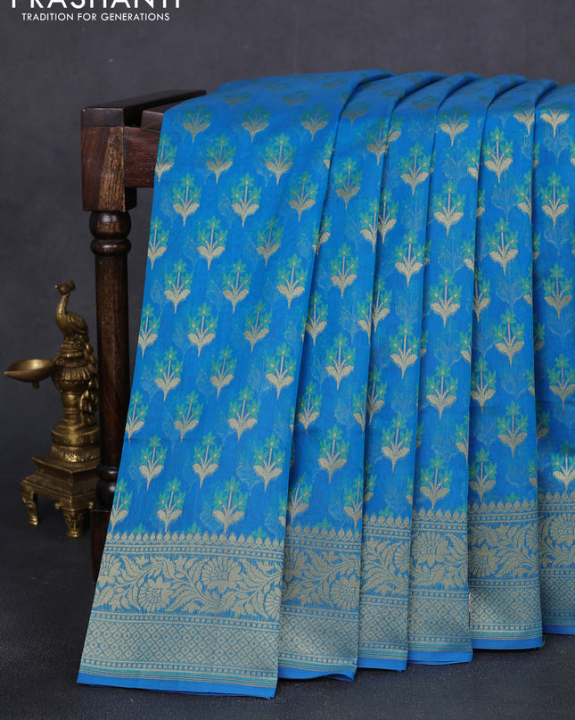 Banarasi silk cotton saree cs blue with allover floral thread & zari woven buttas and zari woven border