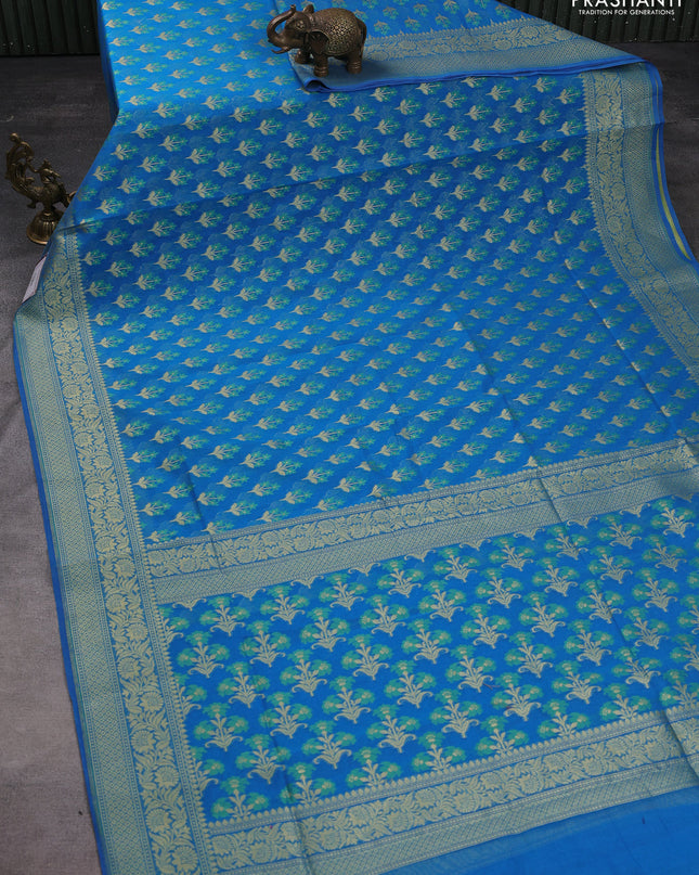 Banarasi silk cotton saree cs blue with allover floral thread & zari woven buttas and zari woven border