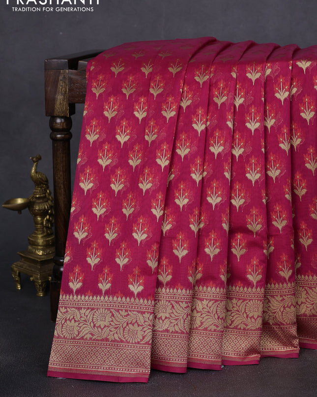 Banarasi silk cotton saree pink with allover floral thread & zari woven buttas and zari woven border