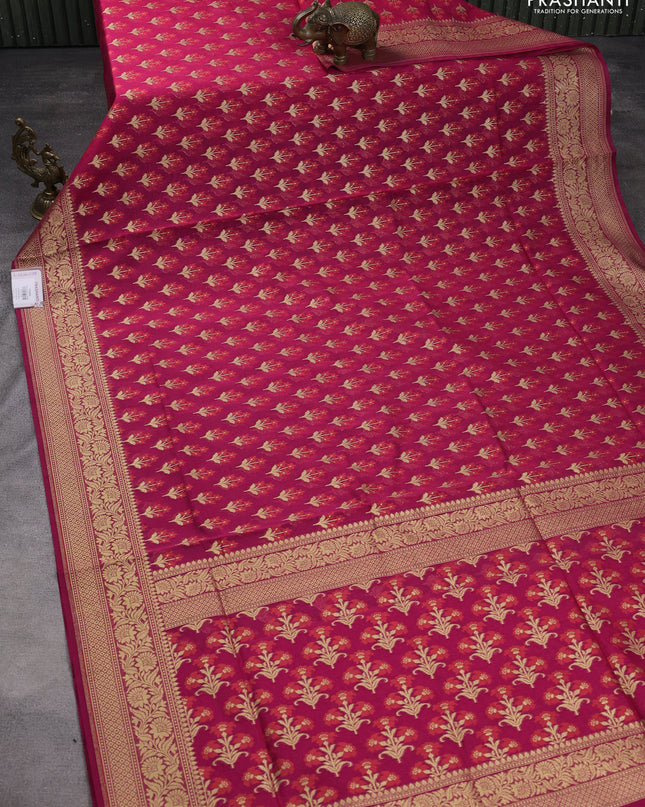 Banarasi silk cotton saree pink with allover floral thread & zari woven buttas and zari woven border