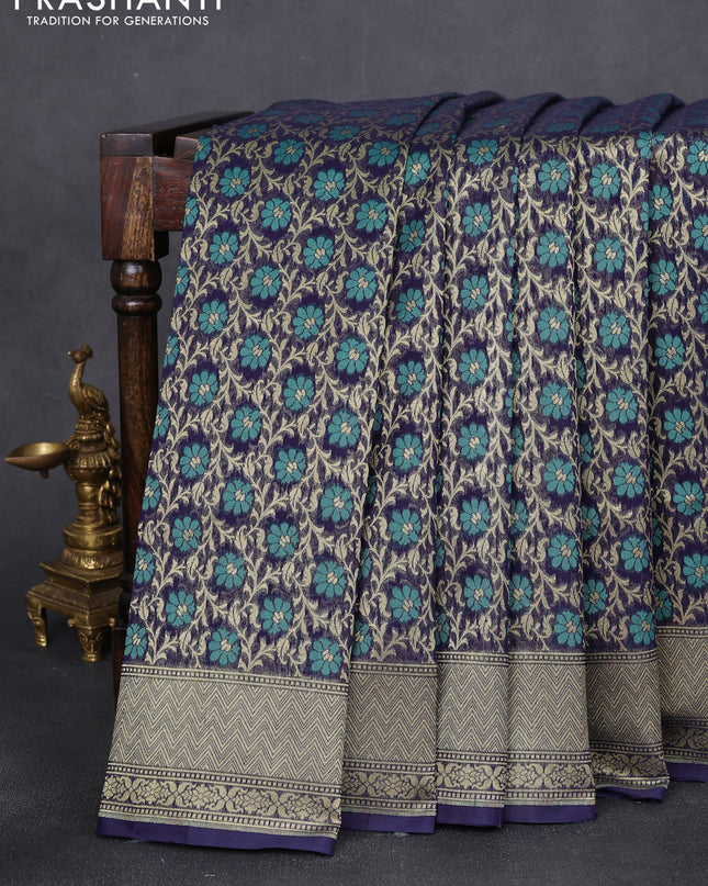 Banarasi silk cotton saree navy blue with allover zari weaves and zari woven border