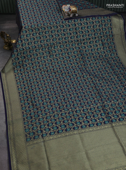 Banarasi silk cotton saree navy blue with allover zari weaves and zari woven border