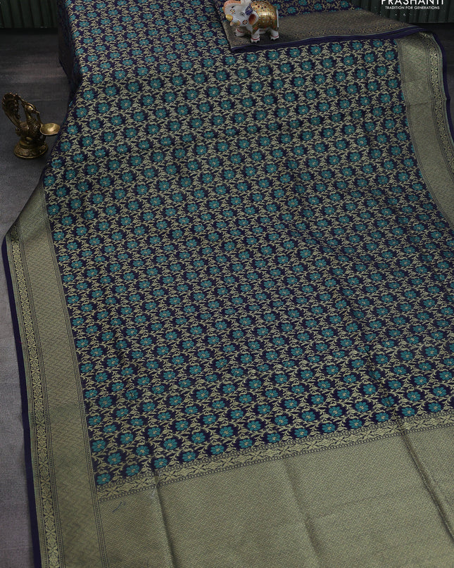 Banarasi silk cotton saree navy blue with allover zari weaves and zari woven border