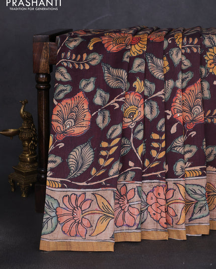 Semi tussar saree deep maroon and mustard yellow with allover kalamkari prints and mirror work