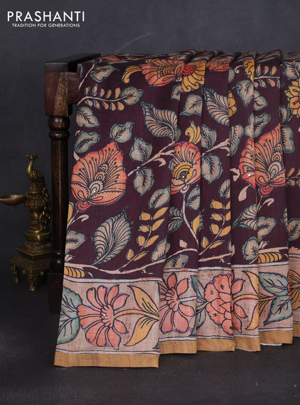Semi tussar saree deep maroon and mustard yellow with allover kalamkari prints and mirror work