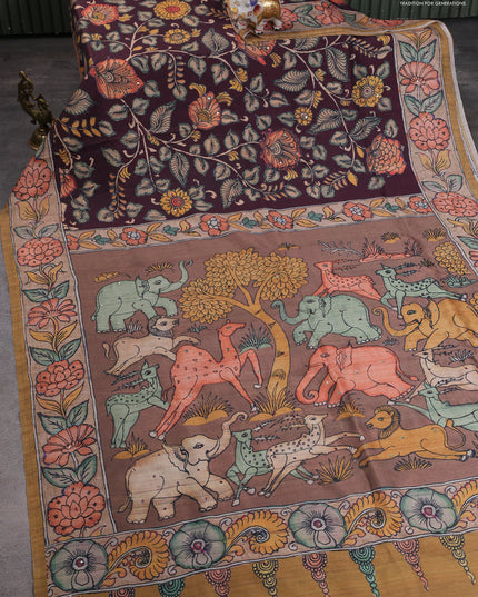 Semi tussar saree deep maroon and mustard yellow with allover kalamkari prints and mirror work