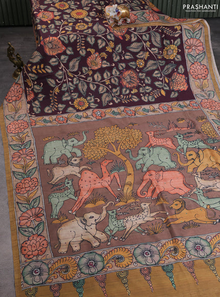 Semi tussar saree deep maroon and mustard yellow with allover kalamkari prints and mirror work