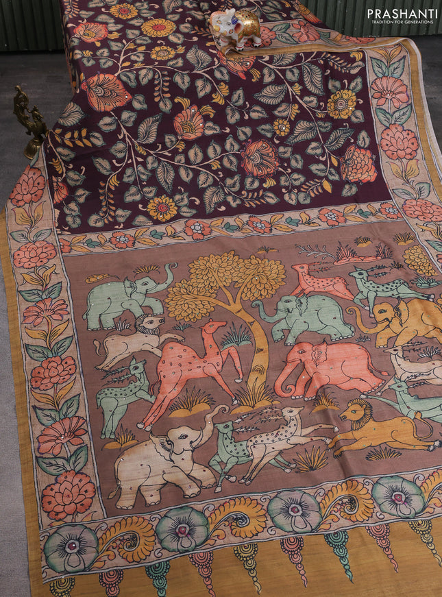 Semi tussar saree deep maroon and mustard yellow with allover kalamkari prints and mirror work