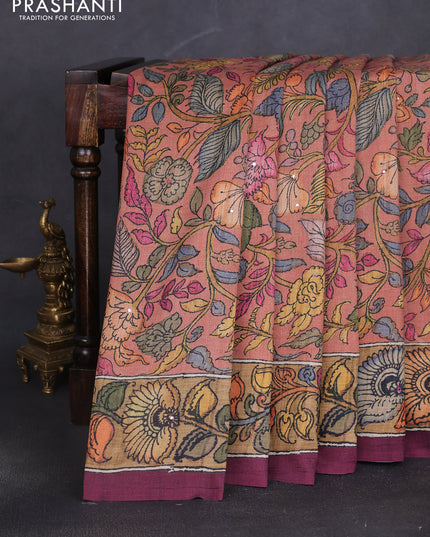 Semi tussar saree rust shade and pastel maroon with allover kalamkari prints and mirror work