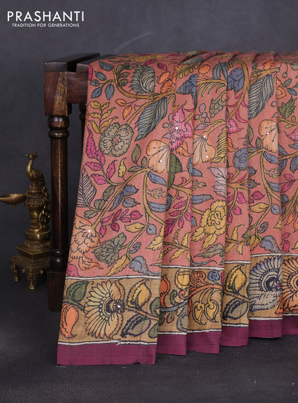 Semi tussar saree rust shade and pastel maroon with allover kalamkari prints and mirror work