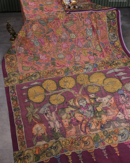 Semi tussar saree rust shade and pastel maroon with allover kalamkari prints and mirror work