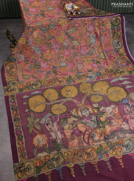 Semi tussar saree rust shade and pastel maroon with allover kalamkari prints and mirror work