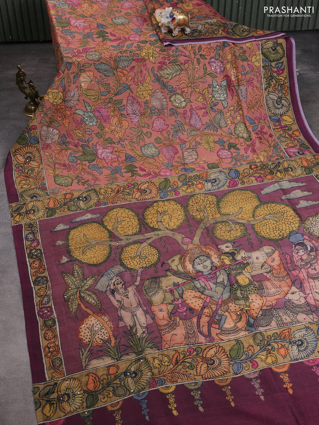 Semi tussar saree rust shade and pastel maroon with allover kalamkari prints and mirror work