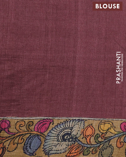 Semi tussar saree rust shade and pastel maroon with allover kalamkari prints and mirror work