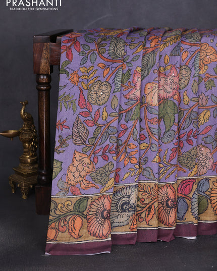 Semi tussar saree lavender and wine with allover kalamkari prints and mirror work