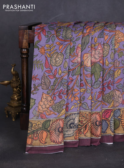 Semi tussar saree lavender and wine with allover kalamkari prints and mirror work