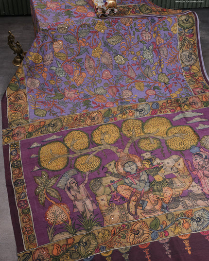 Semi tussar saree lavender and wine with allover kalamkari prints and mirror work