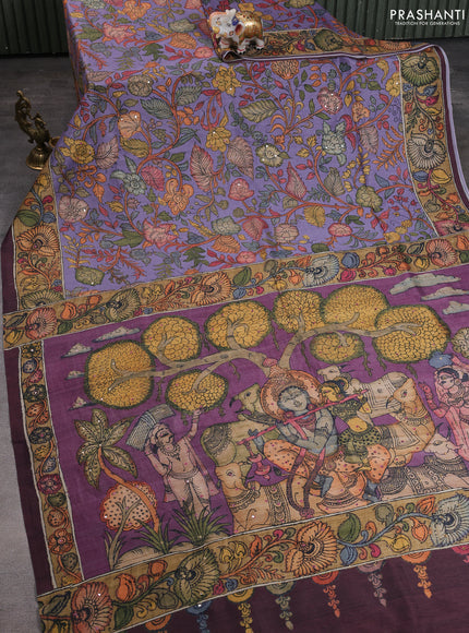 Semi tussar saree lavender and wine with allover kalamkari prints and mirror work