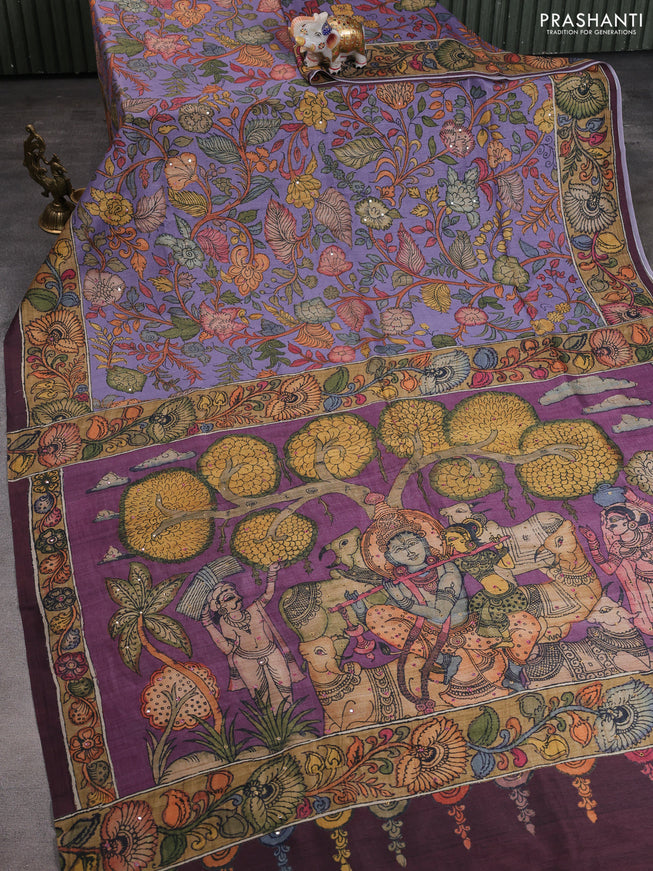Semi tussar saree lavender and wine with allover kalamkari prints and mirror work