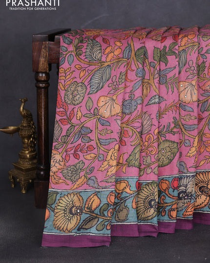 Semi tussar saree mauve pink and wine with allover kalamkari prints and mirror work