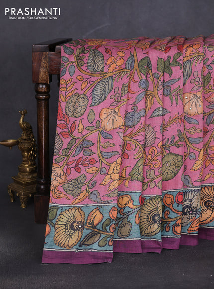 Semi tussar saree mauve pink and wine with allover kalamkari prints and mirror work