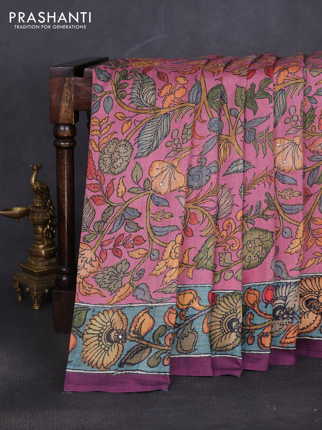 Semi tussar saree mauve pink and wine with allover kalamkari prints and mirror work