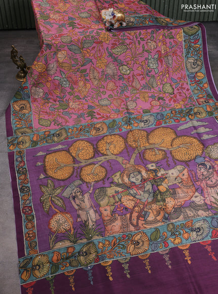 Semi tussar saree mauve pink and wine with allover kalamkari prints and mirror work