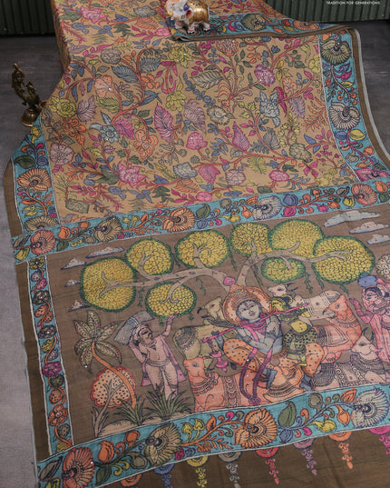 Semi tussar saree mustard yellow and mehendi green with allover kalamkari prints and mirror work