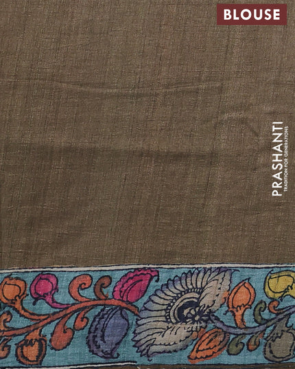Semi tussar saree mustard yellow and mehendi green with allover kalamkari prints and mirror work