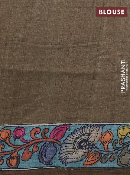 Semi tussar saree mustard yellow and mehendi green with allover kalamkari prints and mirror work