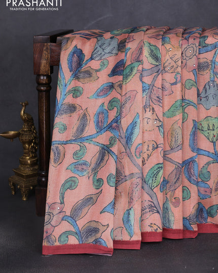 Semi tussar saree pastel peach and maroon with allover kalamkari prints and mirror work
