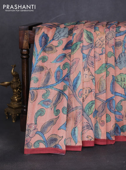Semi tussar saree pastel peach and maroon with allover kalamkari prints and mirror work