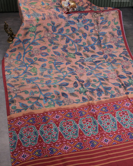 Semi tussar saree pastel peach and maroon with allover kalamkari prints and mirror work