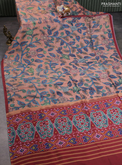 Semi tussar saree pastel peach and maroon with allover kalamkari prints and mirror work