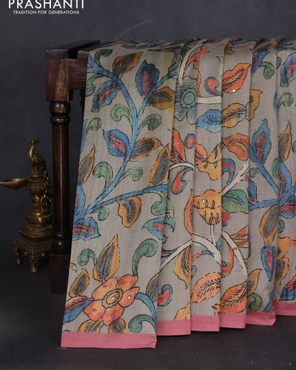 Semi tussar saree grey and dark peach with allover kalamkari prints and mirror work