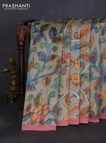 Semi tussar saree grey and dark peach with allover kalamkari prints and mirror work
