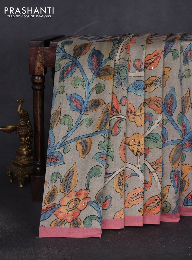 Semi tussar saree grey and dark peach with allover kalamkari prints and mirror work
